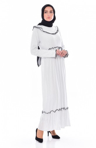 Puantiyeli Fırfırlı Elbise 23063-01 Beyaz
