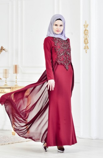 Stone Embroidered Evening Dress 52690-01 Claret Red 52690-01