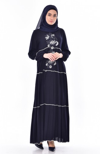 Embroidery Detail Dress 1083-03 Navy Blue Gray 1083-03