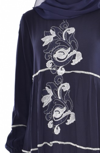 Embroidery Detail Dress 1083-03 Navy Blue Gray 1083-03