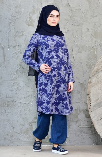 Patterned Basic Tunic 1028-01 Navy Blue 1028-01