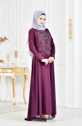 Stone Embroidered Evening Dress 52690-04 Plum 52690-04