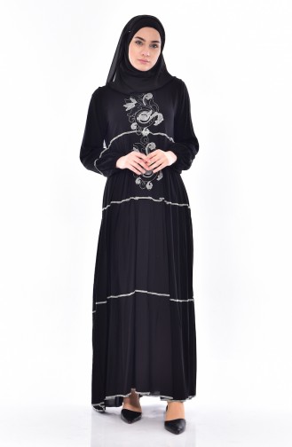 Nakış Detaylı Elbise 1083-06 Siyah Gri