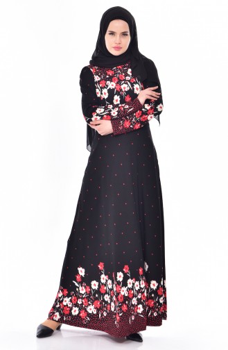Desenli Krep Örme Elbise 2951-01 Siyah Kırmızı