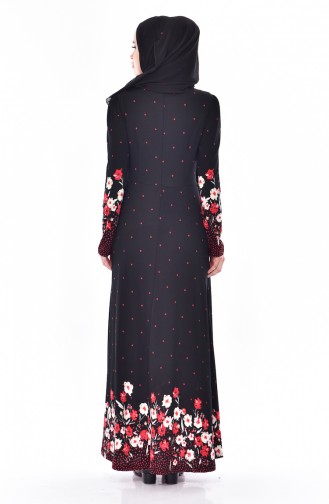 Desenli Krep Örme Elbise 2951-01 Siyah Kırmızı