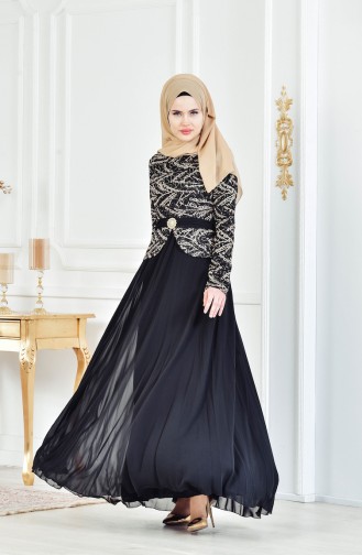 Sequined Brooch Evening Dress 9056-02 Black 9056-02
