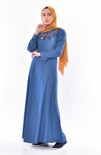 Kemerli Kot Elbise 5555-02 Açık Mavi