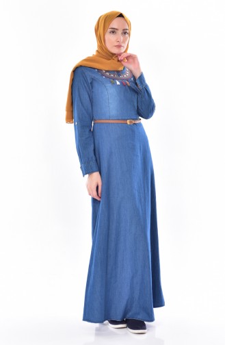 Kemerli Kot Elbise 5555-02 Açık Mavi