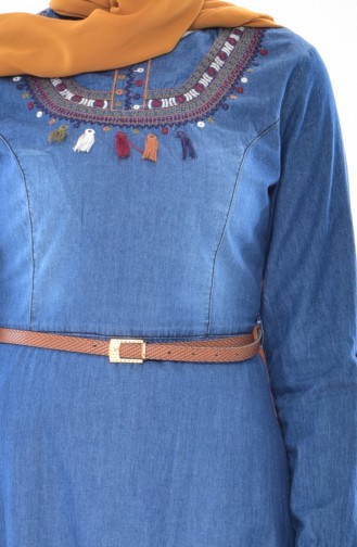Kemerli Kot Elbise 5555-02 Açık Mavi