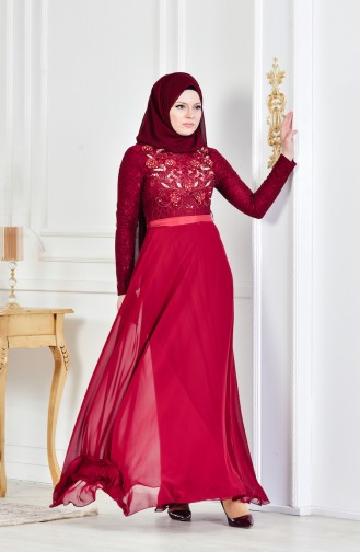 Robe de Soirée Bordée a Dentelle 3301-03 Bordeaux 3301-03