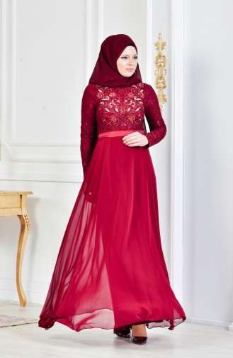 فستان سهرة بتصميم مُطرز بالدانتيل 3301-03 لون خمري 3301-03