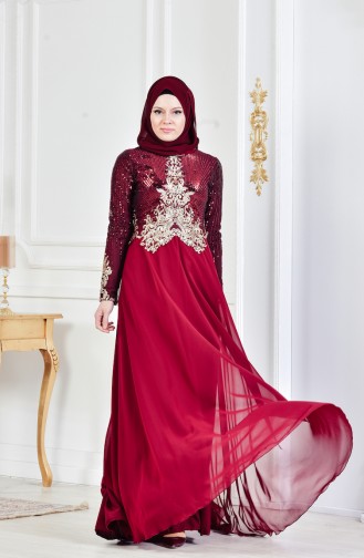 Claret Red Hijab Evening Dress 3302-04