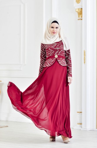 Sequined Brooch Evening Dress 9056-01 claret red 9056-01