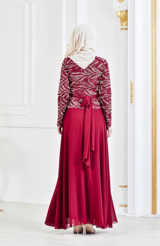 Sequined Brooch Evening Dress 9056-01 claret red 9056-01