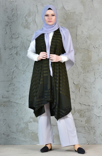 Large Size Striped Flared Vest 4752-03 Khaki 4752-03
