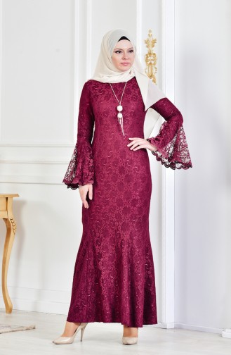 Plum Hijab Evening Dress 3314-06