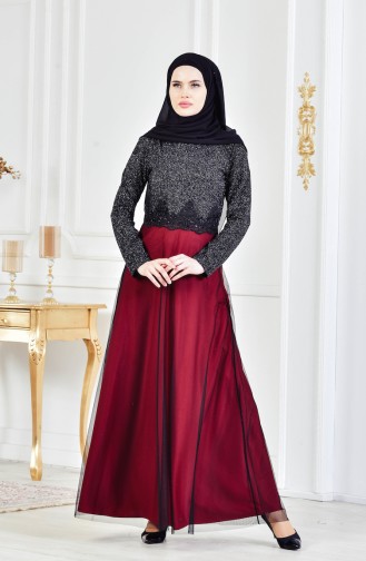 Silvery Laced Evening Dress 8159-04 Black Claret Red 8159-04