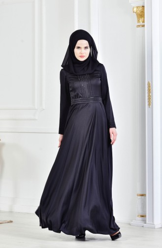 فستان سهرة مُطبع بأحجار لامعة 9098-01 لون أسود 9098-01