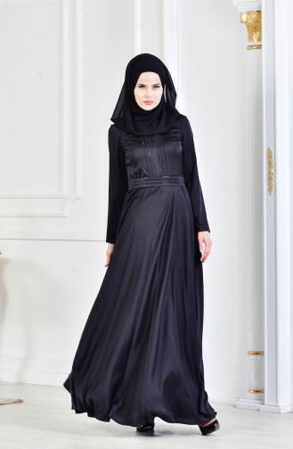 Strasstein Bedrucktes Abendkleid 9098-01 Schwarz 9098-01