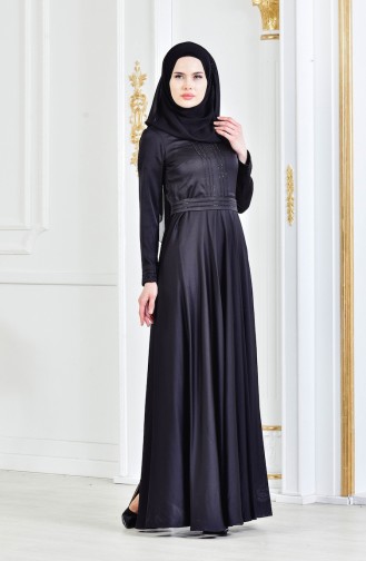 فستان سهرة مُطبع بأحجار لامعة 9098-01 لون أسود 9098-01
