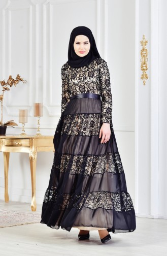 Lace Belted Evening Dress 3120-02 Black 3120-02