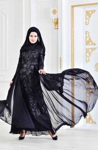 Black Hijab Evening Dress 8134-08