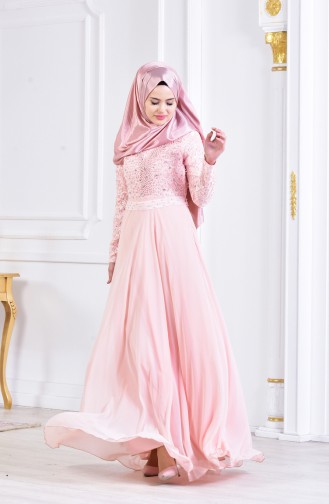 Salmon Hijab Evening Dress 3291-02