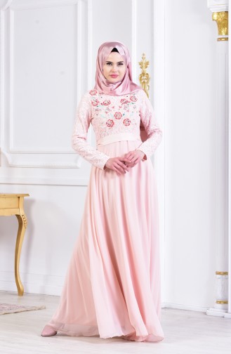 Salmon Hijab Evening Dress 3301-02