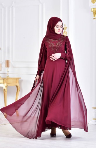 Claret Red Hijab Evening Dress 52676-06