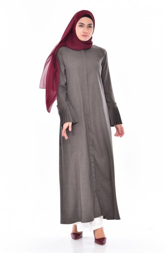 Abaya a Fermeture Manches Plissée 49502-06 Vert Khaki Clair 49502-06