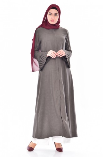 Abaya a Fermeture Manches Plissée 49502-06 Vert Khaki Clair 49502-06