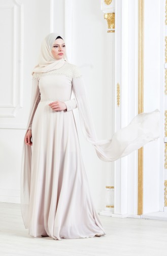 Beige Hijab Evening Dress 3294-04