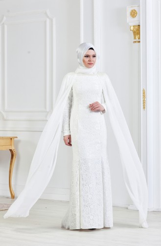 Ecru Hijab Evening Dress 3281-03
