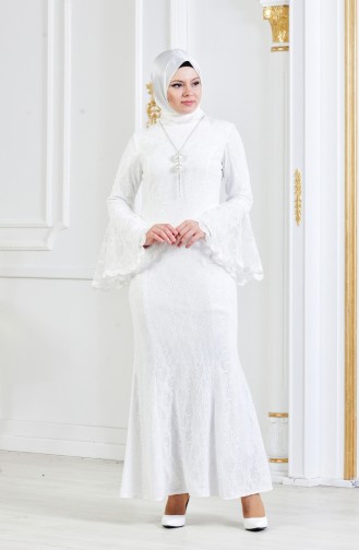 Ecru Hijab Evening Dress 3314-05