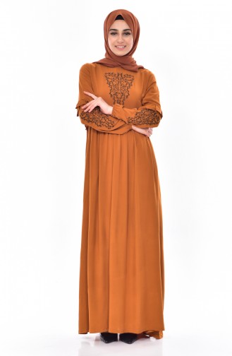 Nakış Detaylı Elbise 1867-05 Hardal