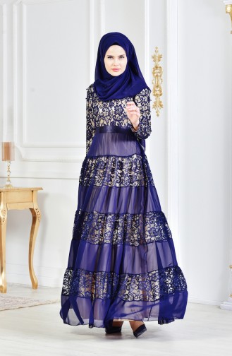 Lace Belted Evening Dress 3120-04 Navy 3120-04