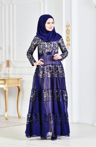 Lace Belted Evening Dress 3120-04 Navy 3120-04