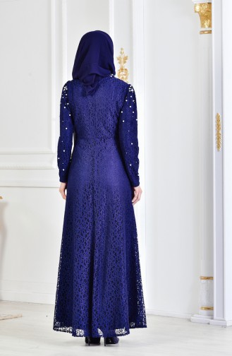 Pearl Lace Overlay Evening Dress 3130-02 Navy 3130-02
