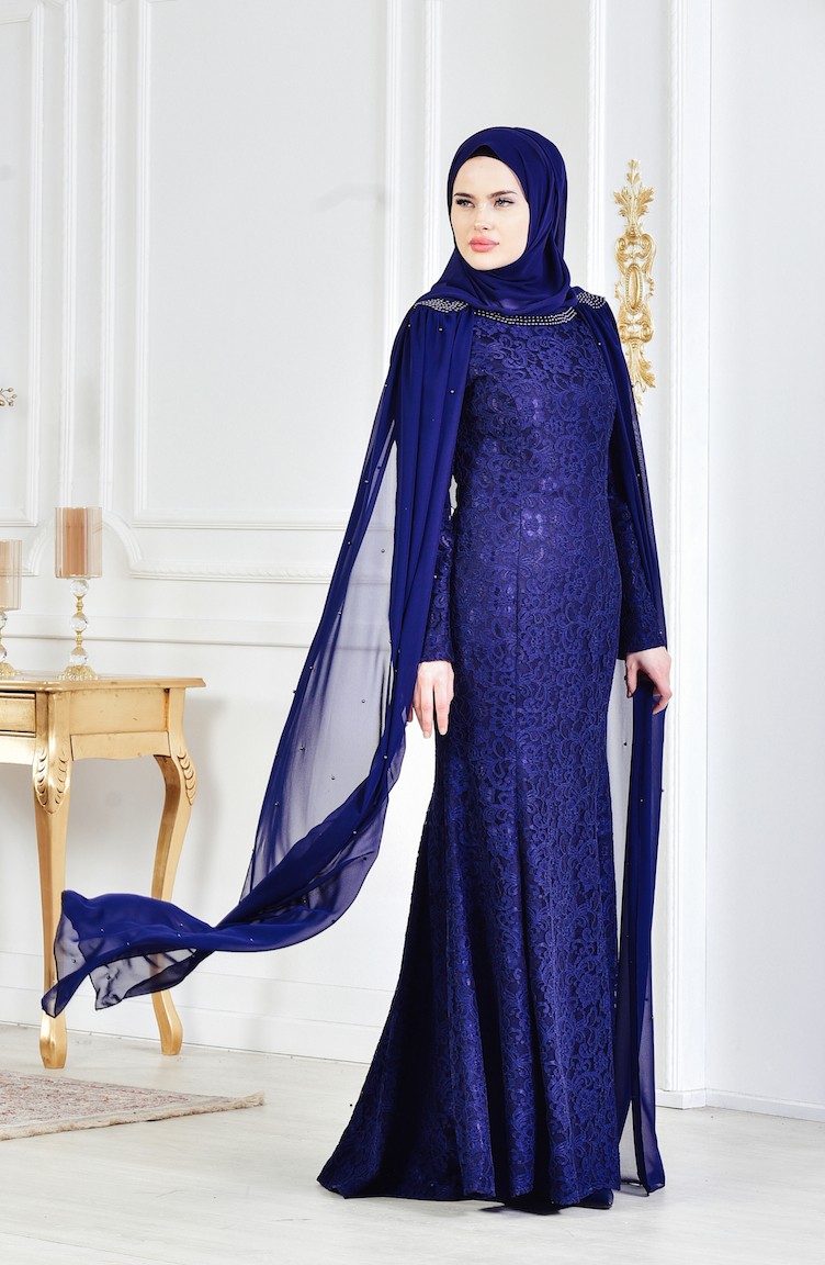 Navy Blue Hijab Evening Dress 3281 04 Sefamerve
