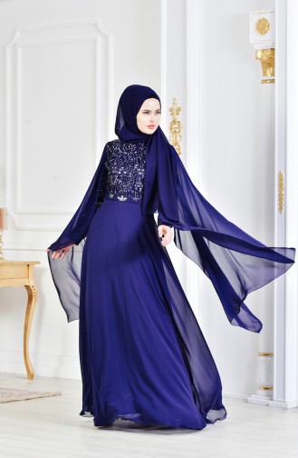 Navy Blue Hijab Evening Dress 3284-03