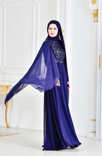 Navy Blue Hijab Evening Dress 3284-03