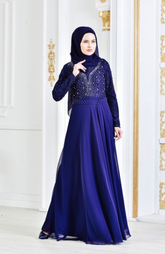 Pearls Belted Evening Dress 3291-03 Navy 3291-03