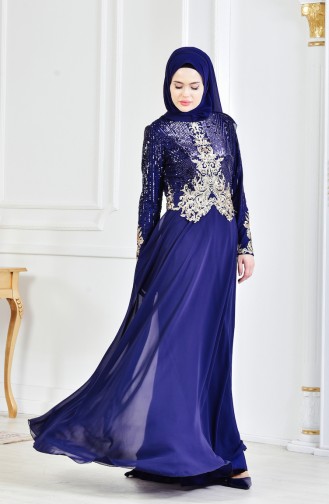 Navy Blue Hijab Evening Dress 3302-01