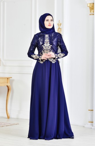 Navy Blue Hijab Evening Dress 3302-01