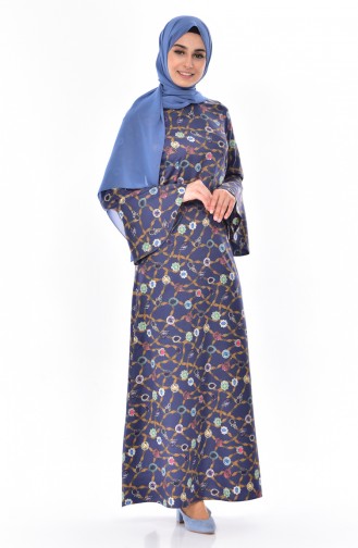 İspanyol Kol Desenli Elbise 3007-03 Lacivert