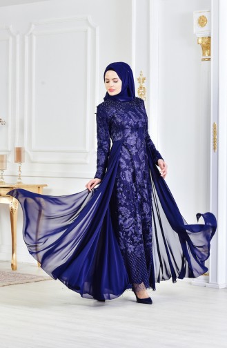 Robe de Soirée Perlées 8134-07 Bleu Marine 8134-07