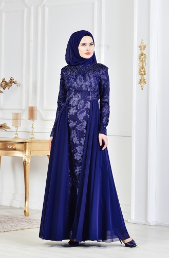 Robe de Soirée Perlées 8134-07 Bleu Marine 8134-07