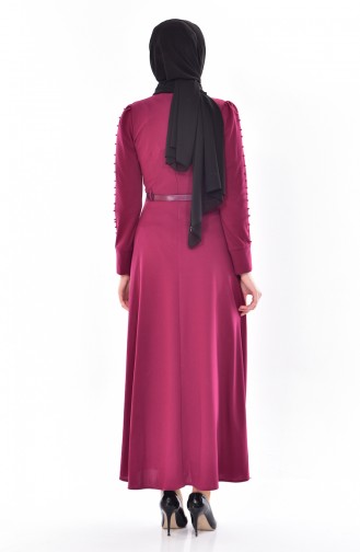 فستان بتصميم وحزام للخصر مُزين بالؤلؤ 1170-15 لون ارجواني داكن 1170-15