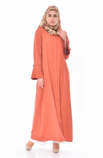 Abaya a Fermeture Manches Plissée 49502-12 Orange Pâle 49502-12