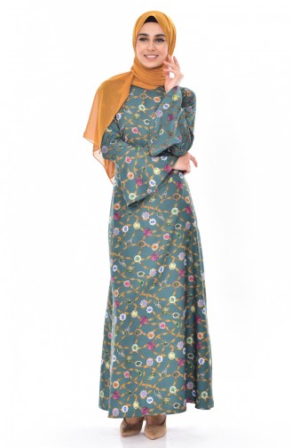 İspanyol Kol Desenli Elbise 3007-01 Zümrüt Yeşili
